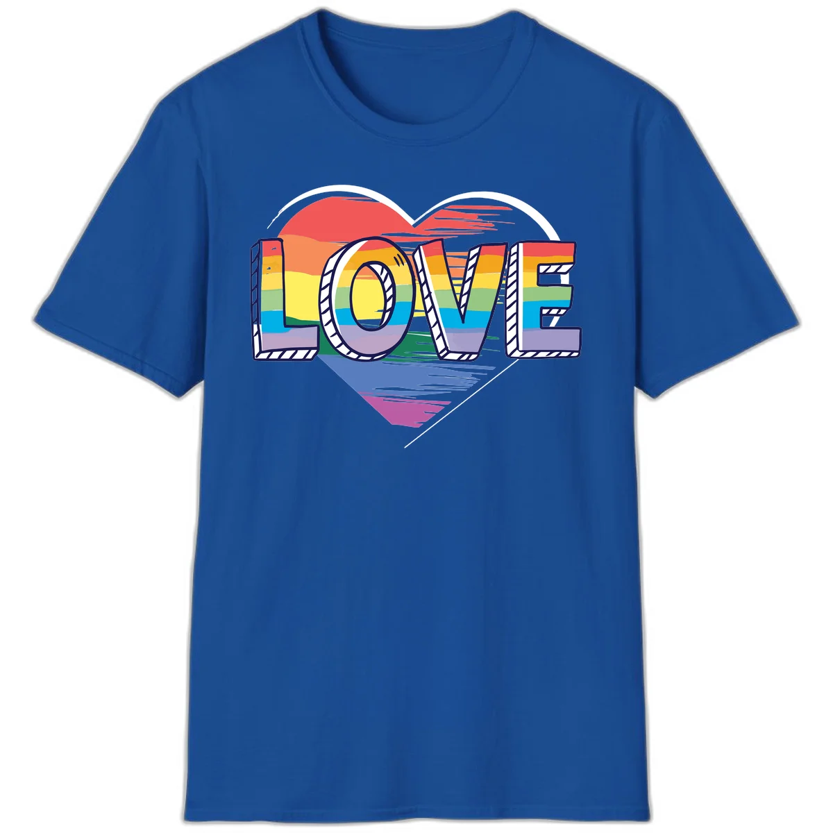 Colorful 3D block lettering spelling LOVE in rainbow pride colors inside a heart shape with wings in Royal