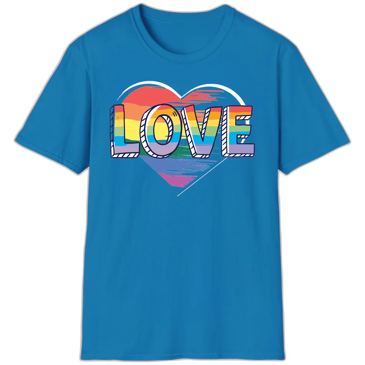 Colorful 3D block lettering spelling LOVE in rainbow pride colors inside a heart shape with wings in Sapphire