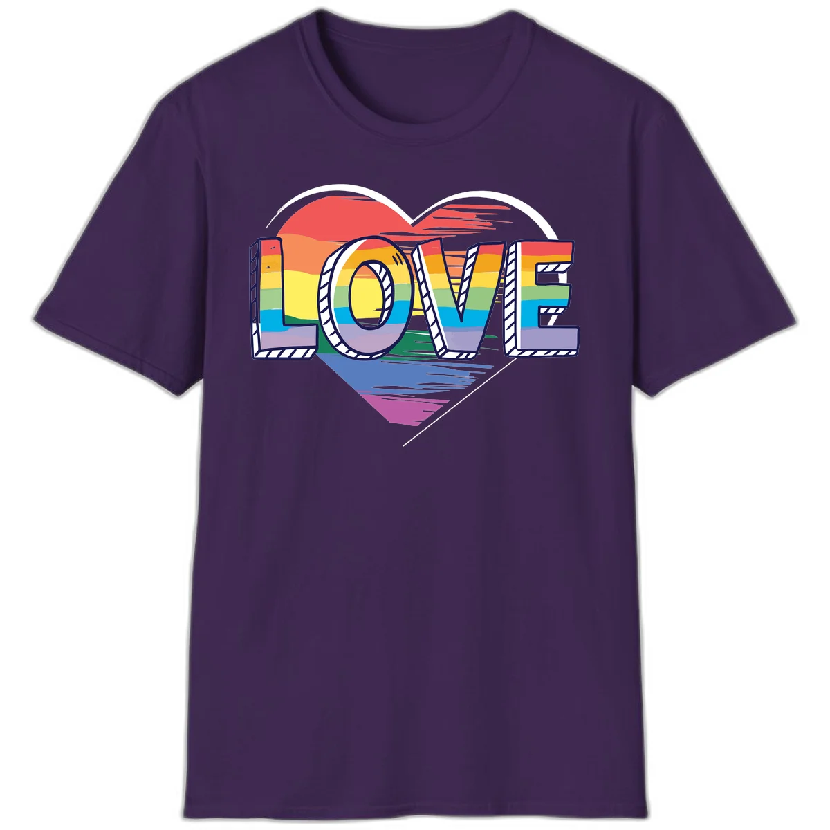 Colorful 3D block lettering spelling LOVE in rainbow pride colors inside a heart shape with wings in Purple