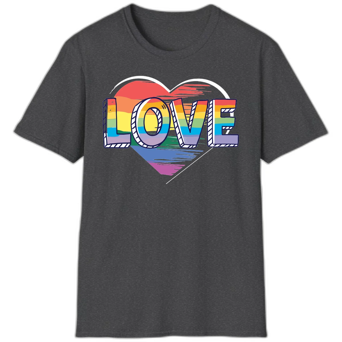 Colorful 3D block lettering spelling LOVE in rainbow pride colors inside a heart shape with wings in Dark Heather