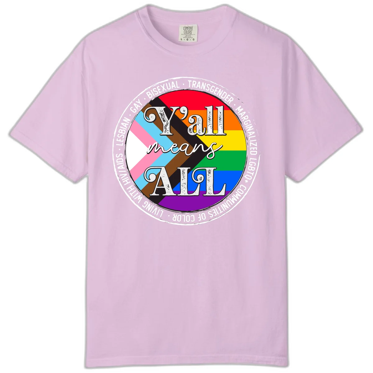 Y'all means LGBTQ+ pride badge with progress flag and community identity text in circular design in Orchid