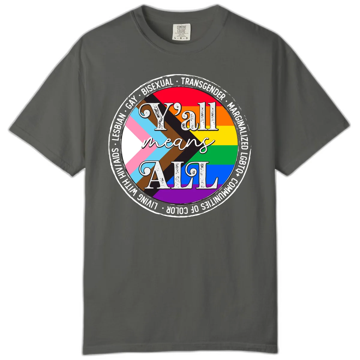 Y'all means LGBTQ+ pride badge with progress flag and community identity text in circular design in Pepper