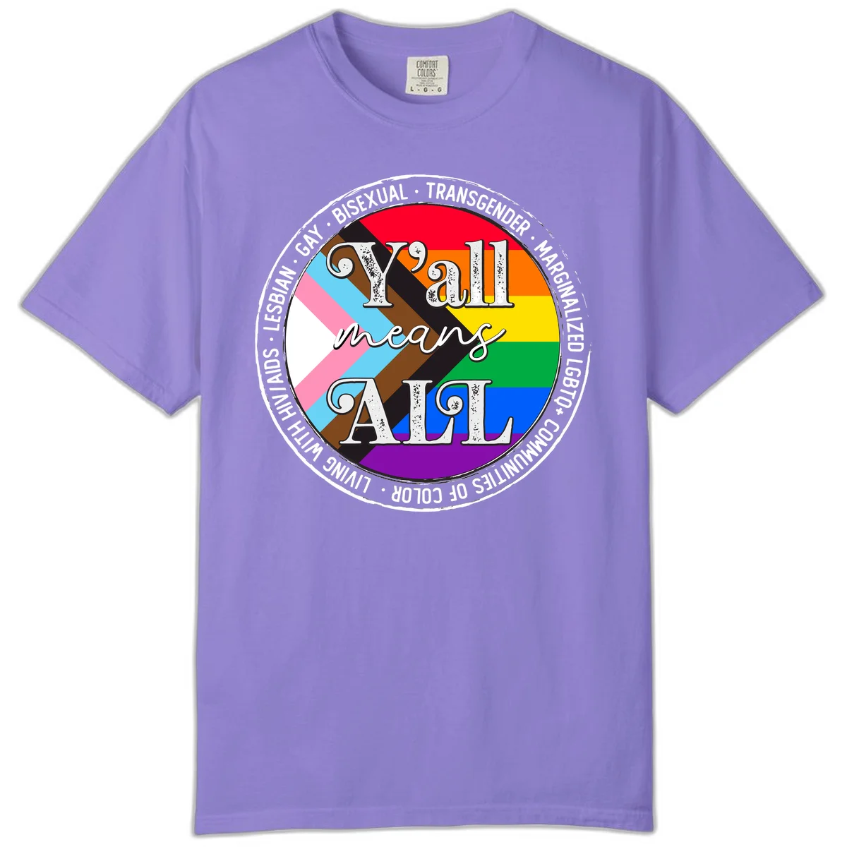 Y'all means LGBTQ+ pride badge with progress flag and community identity text in circular design in Violet
