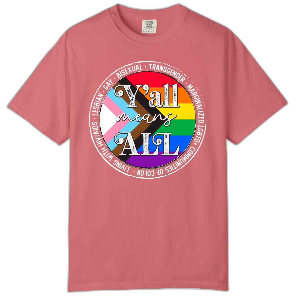 Y'all means LGBTQ+ pride badge with progress flag and community identity text in circular design in Watermelon