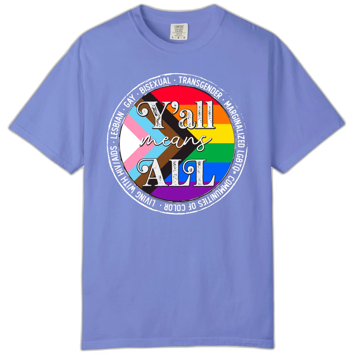 Y'all means LGBTQ+ pride badge with progress flag and community identity text in circular design in Flo Blue
