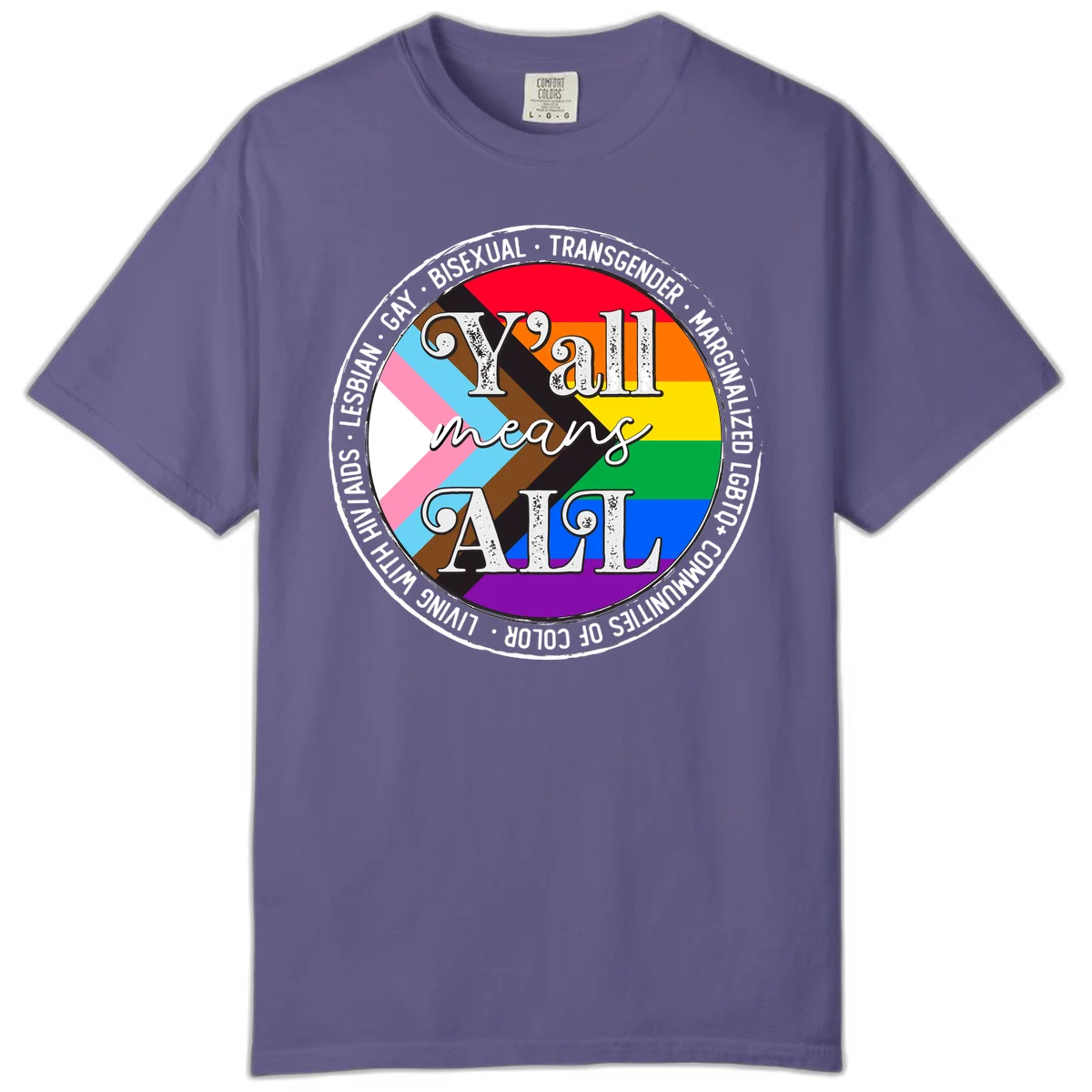Y'all means LGBTQ+ pride badge with progress flag and community identity text in circular design in Grape