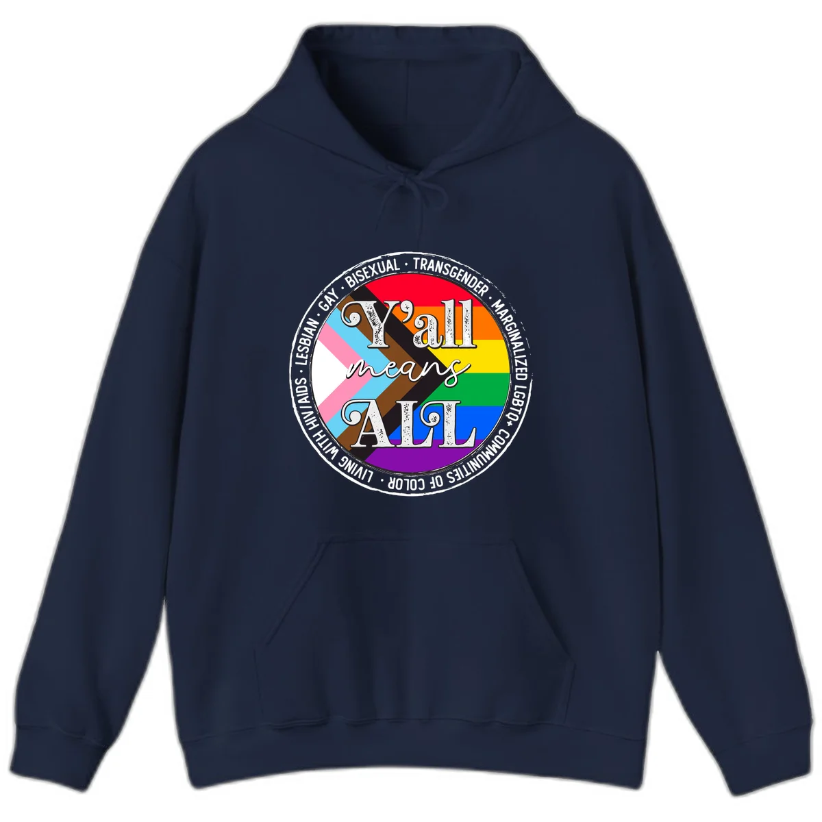 Y'all means LGBTQ+ pride badge with progress flag and community identity text in circular design in Navy