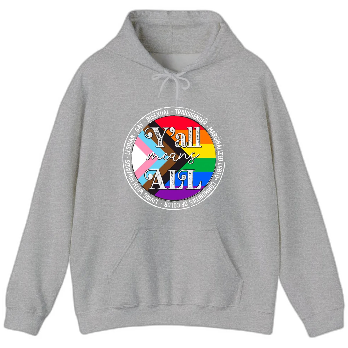 Y'all means LGBTQ+ pride badge with progress flag and community identity text in circular design in Sport Grey