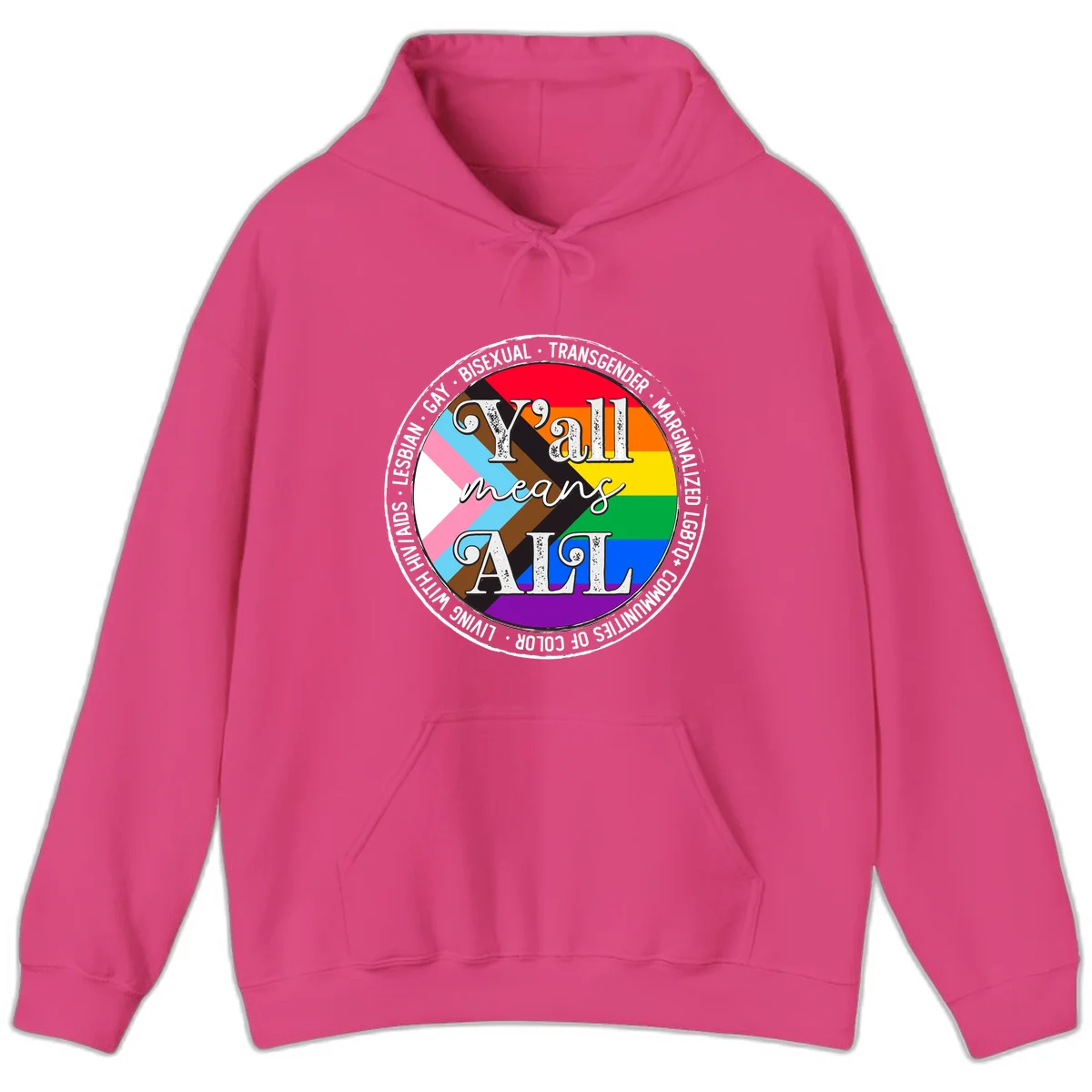 Y'all means LGBTQ+ pride badge with progress flag and community identity text in circular design in Heliconia