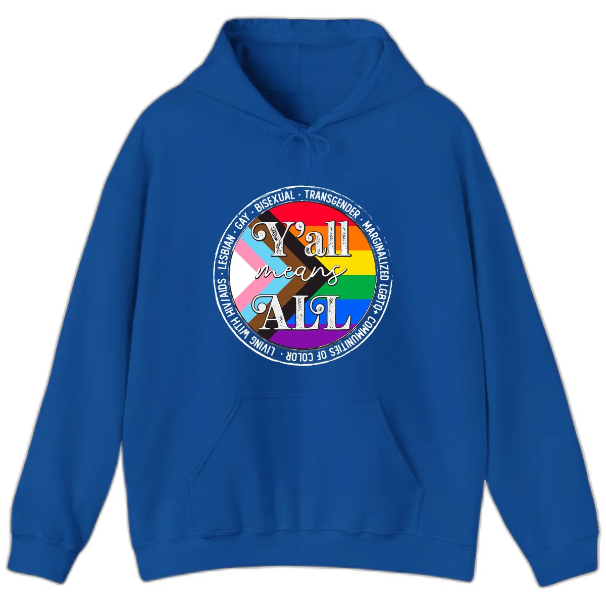 Y'all means LGBTQ+ pride badge with progress flag and community identity text in circular design in Royal