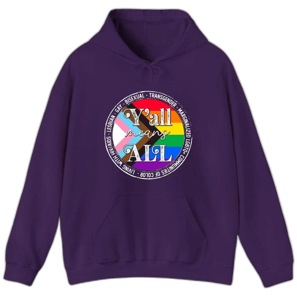 Y'all means LGBTQ+ pride badge with progress flag and community identity text in circular design in Purple