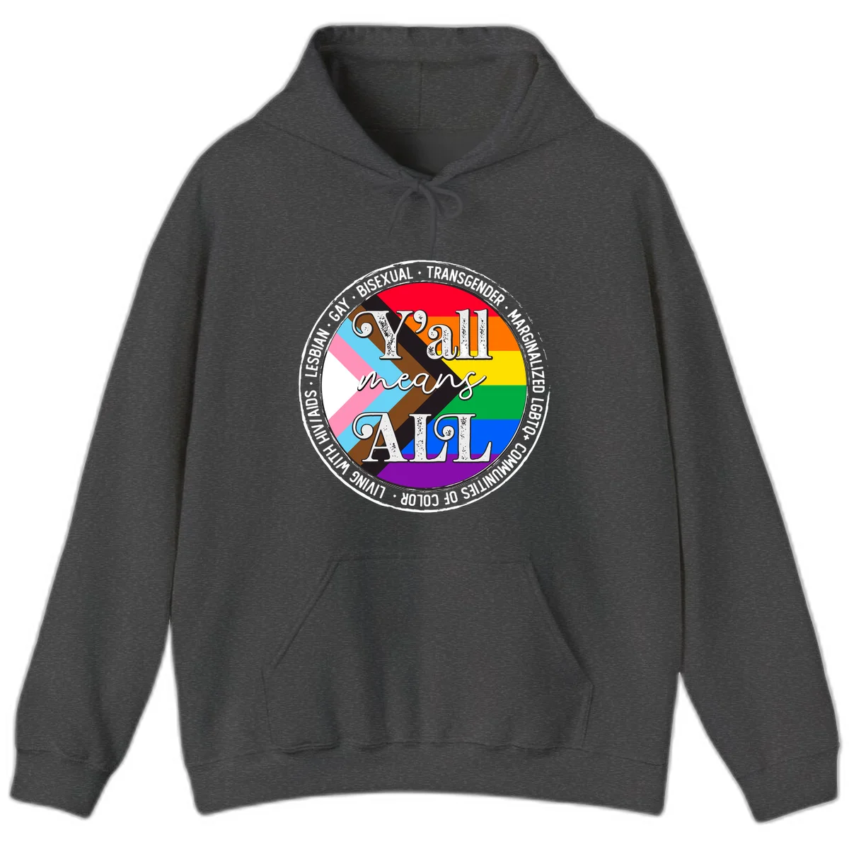 Y'all means LGBTQ+ pride badge with progress flag and community identity text in circular design in Dark Heather