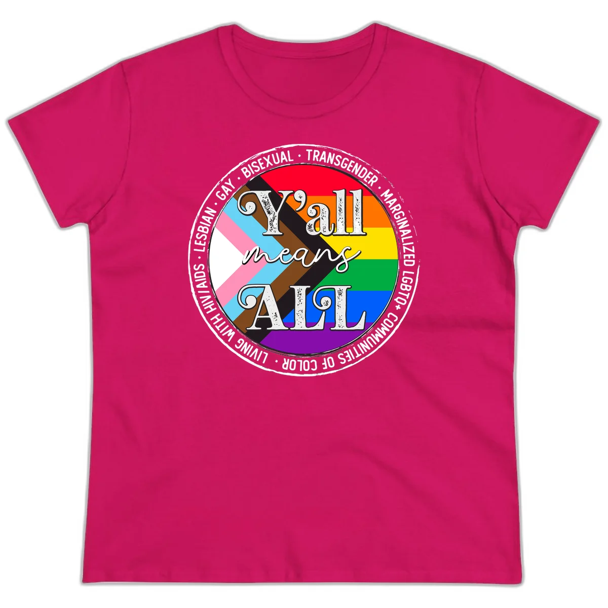 Y'all means LGBTQ+ pride badge with progress flag and community identity text in circular design in Heliconia