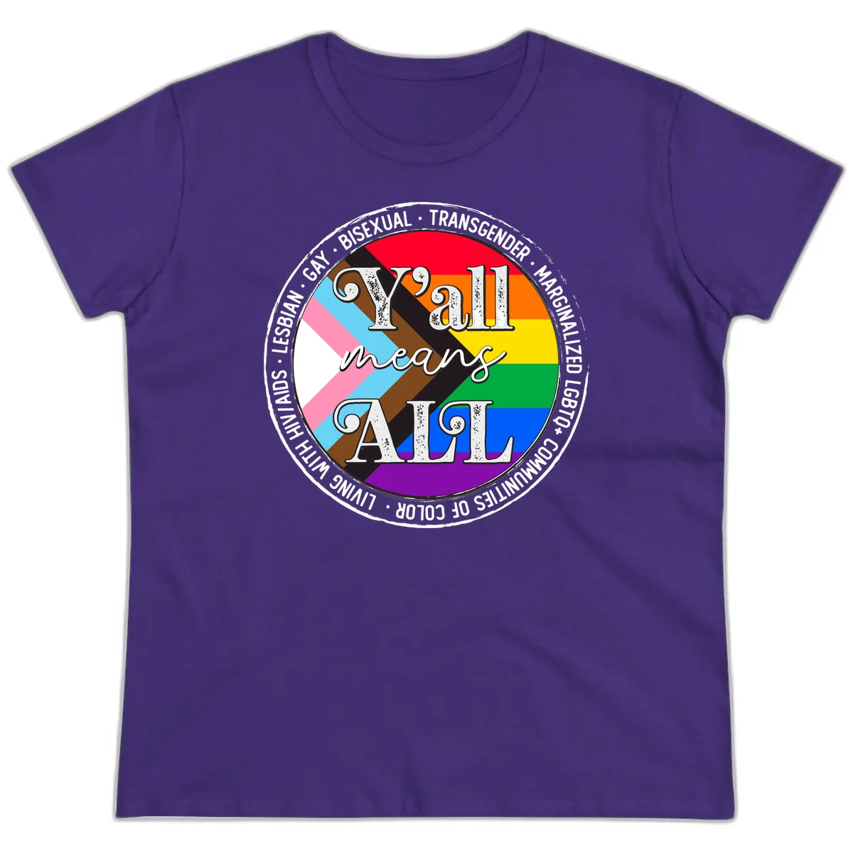 Y'all means LGBTQ+ pride badge with progress flag and community identity text in circular design in Purple