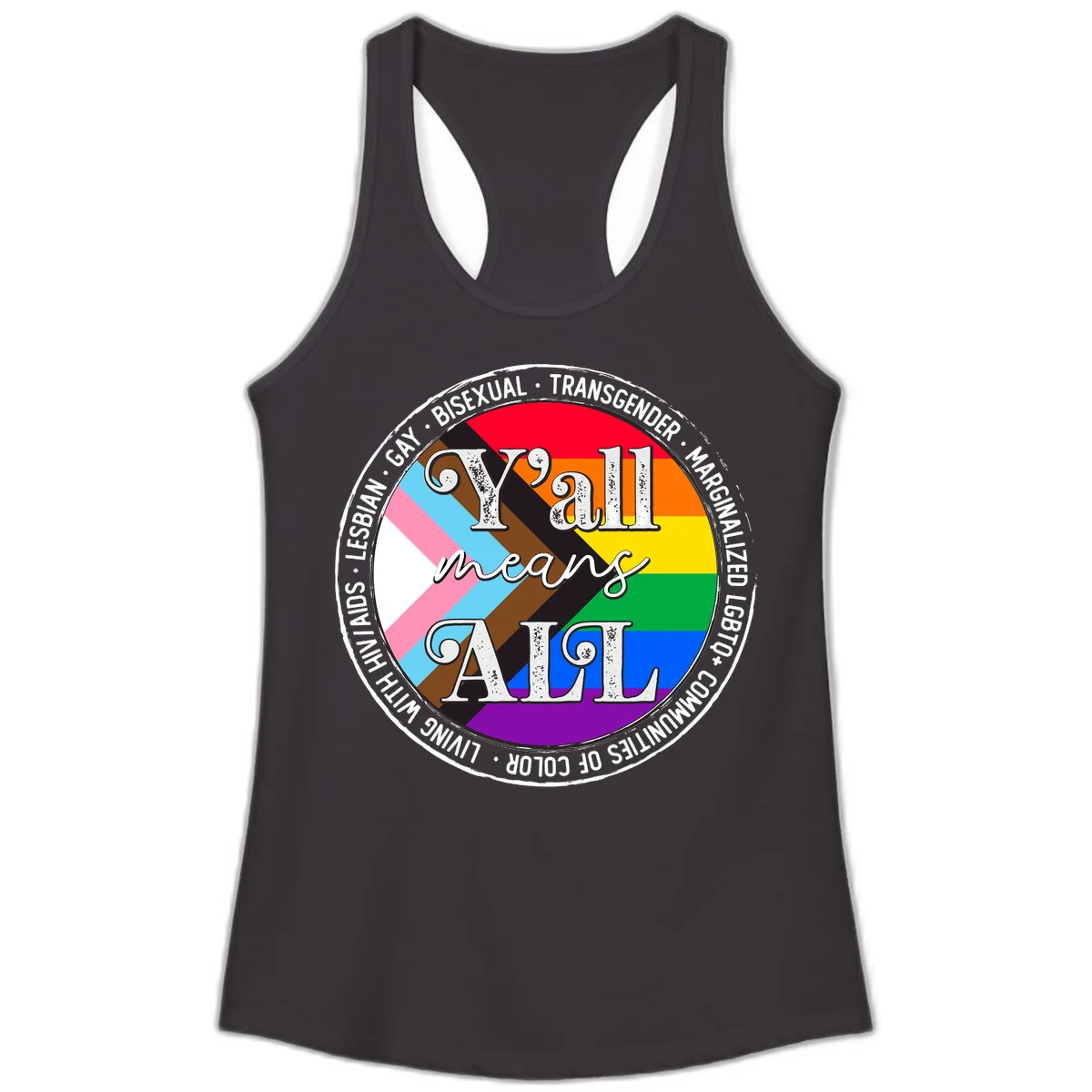 Y'all means LGBTQ+ pride badge with progress flag and community identity text in circular design in Black