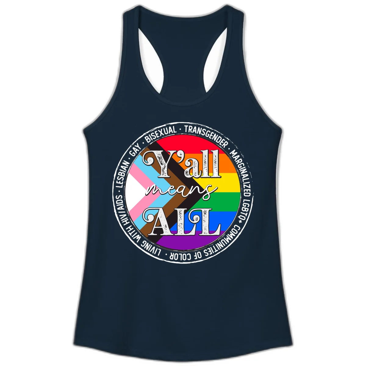Y'all means LGBTQ+ pride badge with progress flag and community identity text in circular design in Solid Midnight Navy