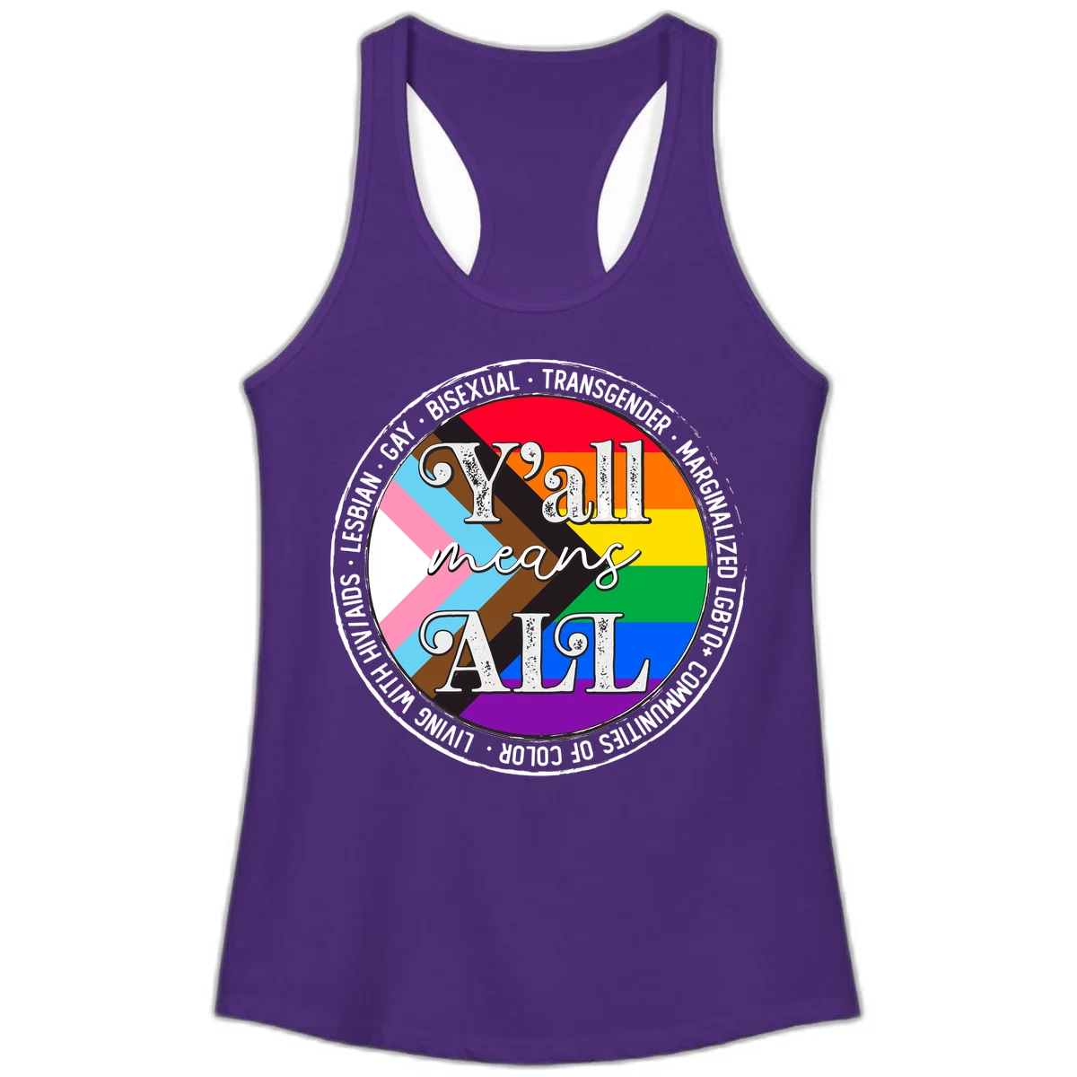 Y'all means LGBTQ+ pride badge with progress flag and community identity text in circular design in Solid Purple Rush