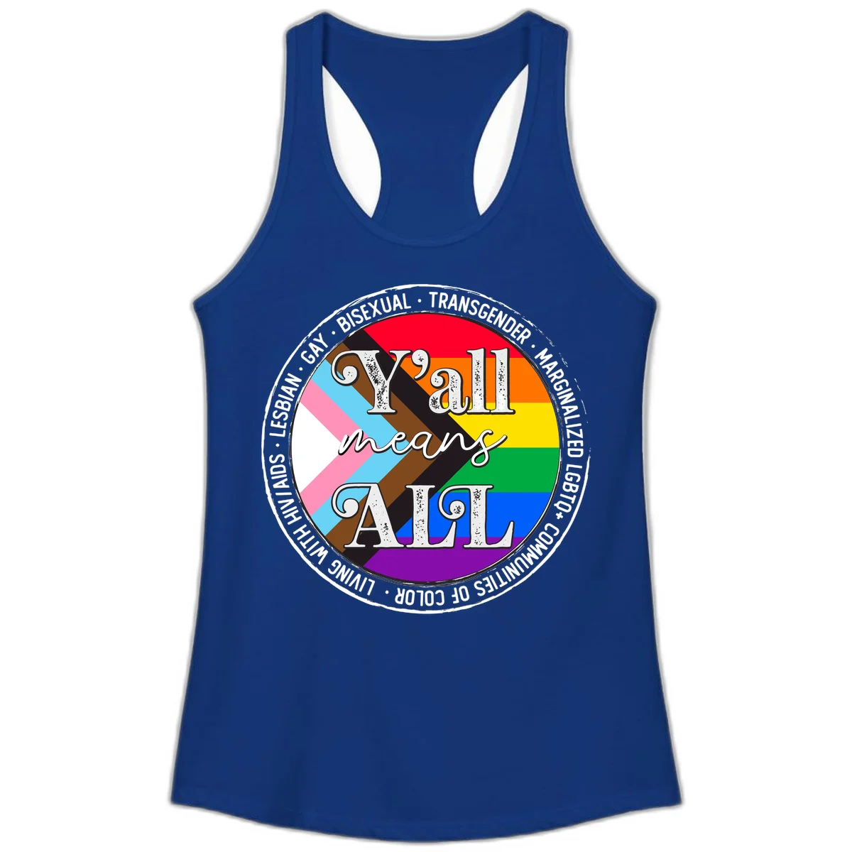 Y'all means LGBTQ+ pride badge with progress flag and community identity text in circular design in Solid Royal