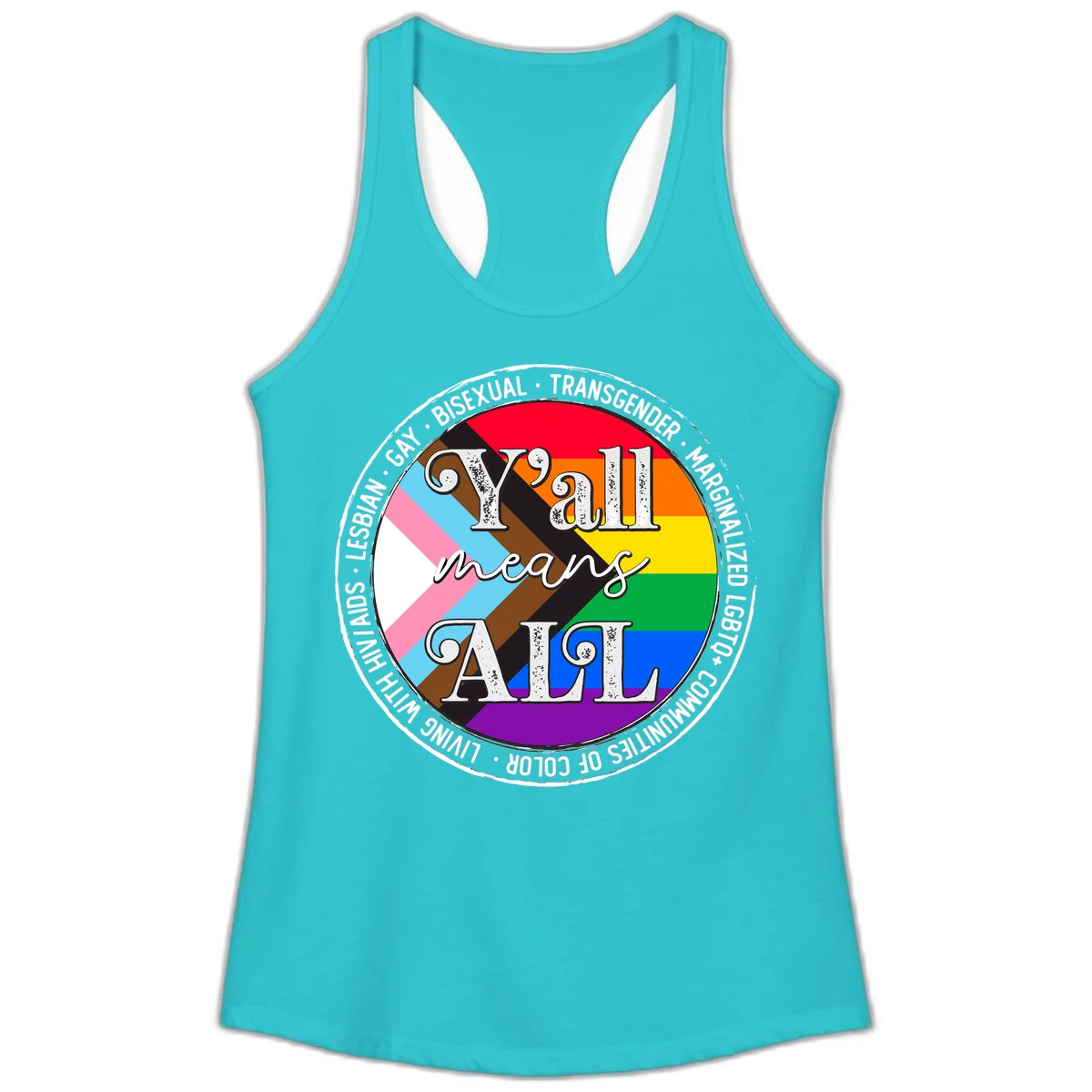 Y'all means LGBTQ+ pride badge with progress flag and community identity text in circular design in Solid Tahiti Blue