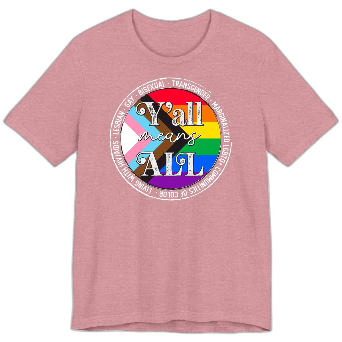 Y'all means LGBTQ+ pride badge with progress flag and community identity text in circular design in Heather Orchid