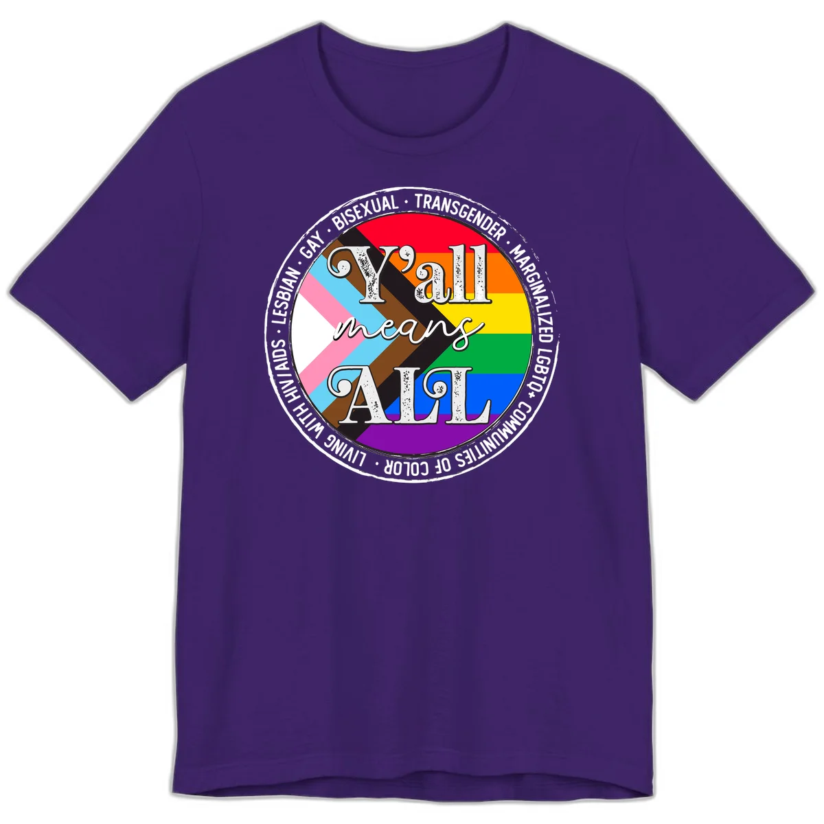 Y'all means LGBTQ+ pride badge with progress flag and community identity text in circular design in Team Purple