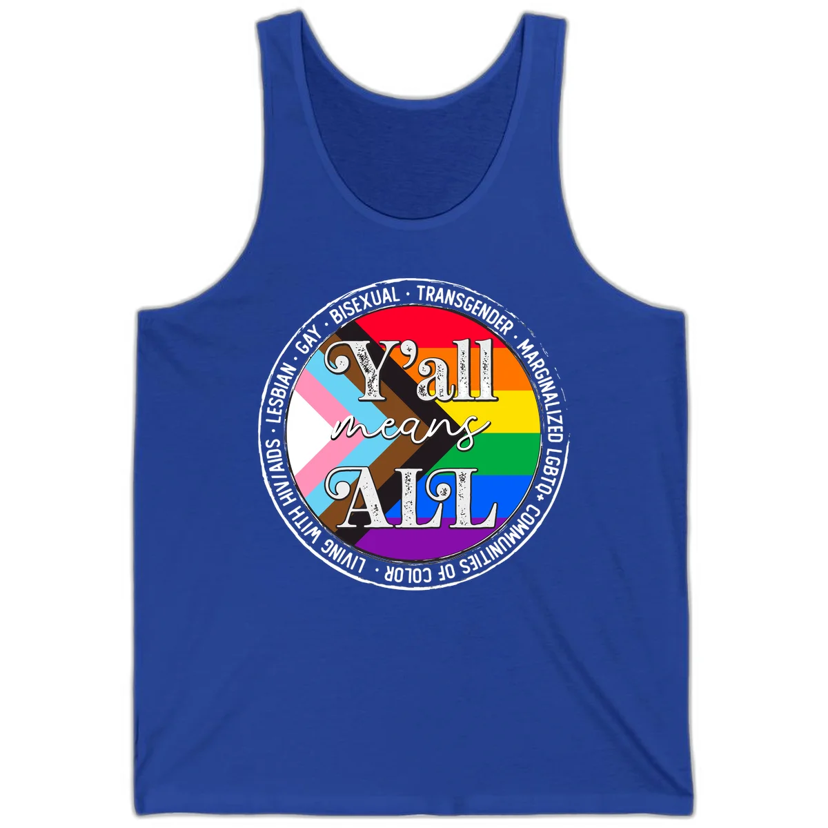 Y'all means LGBTQ+ pride badge with progress flag and community identity text in circular design in True Royal