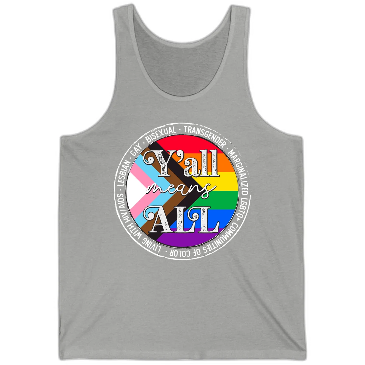 Y'all means LGBTQ+ pride badge with progress flag and community identity text in circular design in Athletic Heather