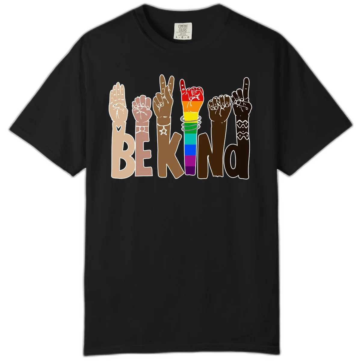 Six illustrated hands in diverse skin tones displaying peace signs and fists, with center fist in rainbow pride colors and 'BE KIND' text below in Black