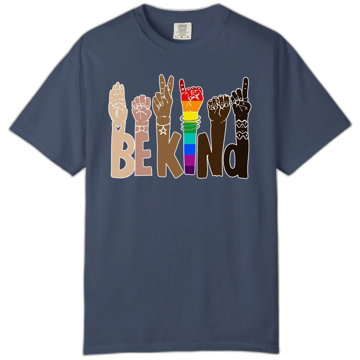 Six illustrated hands in diverse skin tones displaying peace signs and fists, with center fist in rainbow pride colors and 'BE KIND' text below in Midnight