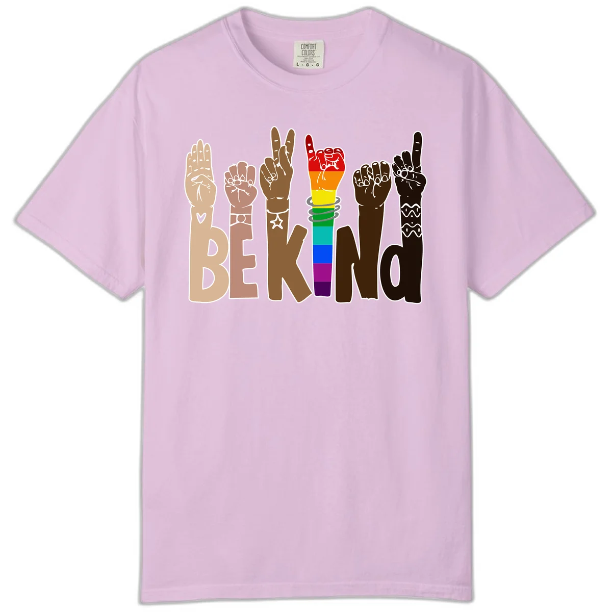 Six illustrated hands in diverse skin tones displaying peace signs and fists, with center fist in rainbow pride colors and 'BE KIND' text below in Orchid