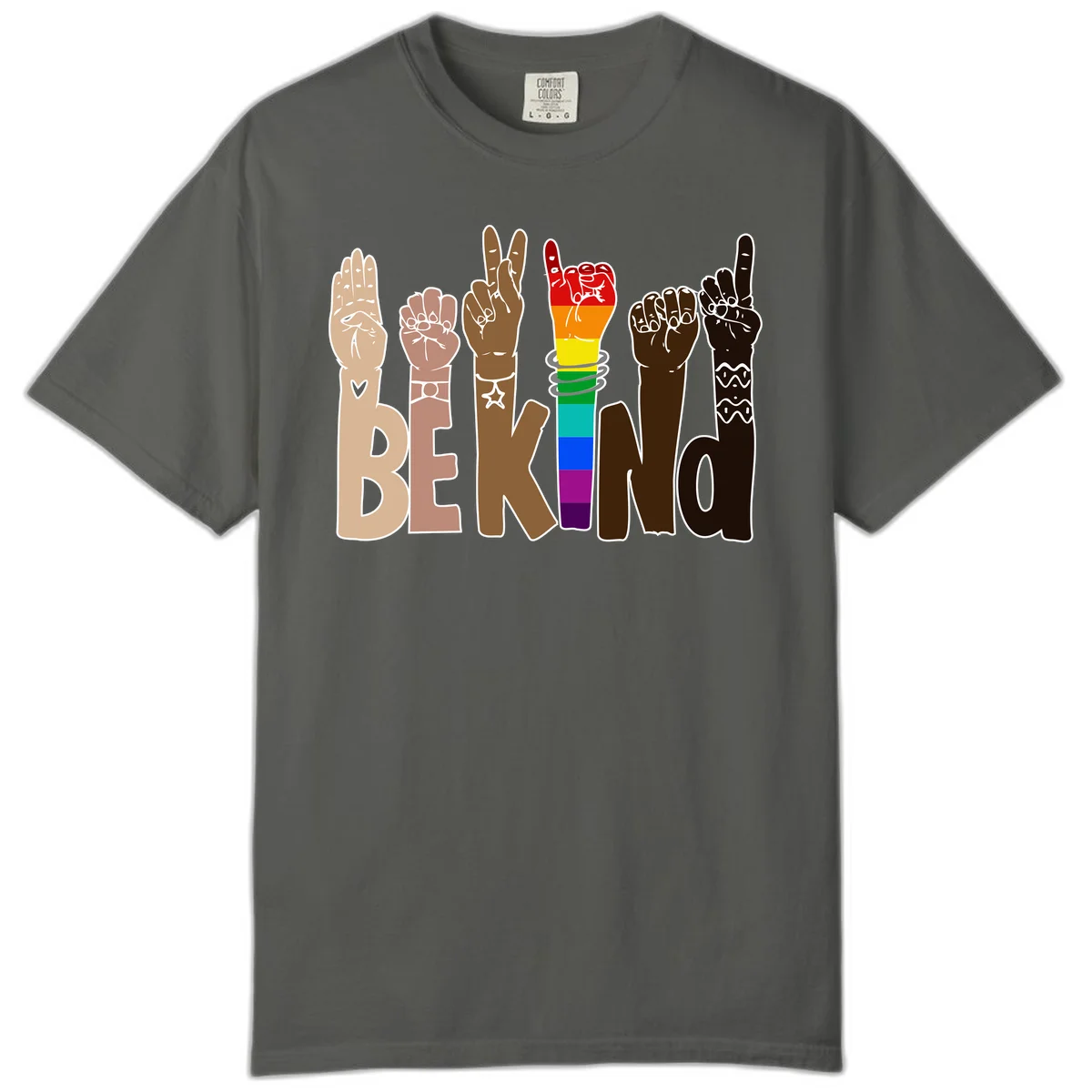 Six illustrated hands in diverse skin tones displaying peace signs and fists, with center fist in rainbow pride colors and 'BE KIND' text below in Pepper