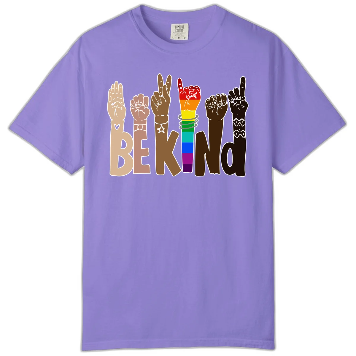 Six illustrated hands in diverse skin tones displaying peace signs and fists, with center fist in rainbow pride colors and 'BE KIND' text below in Violet
