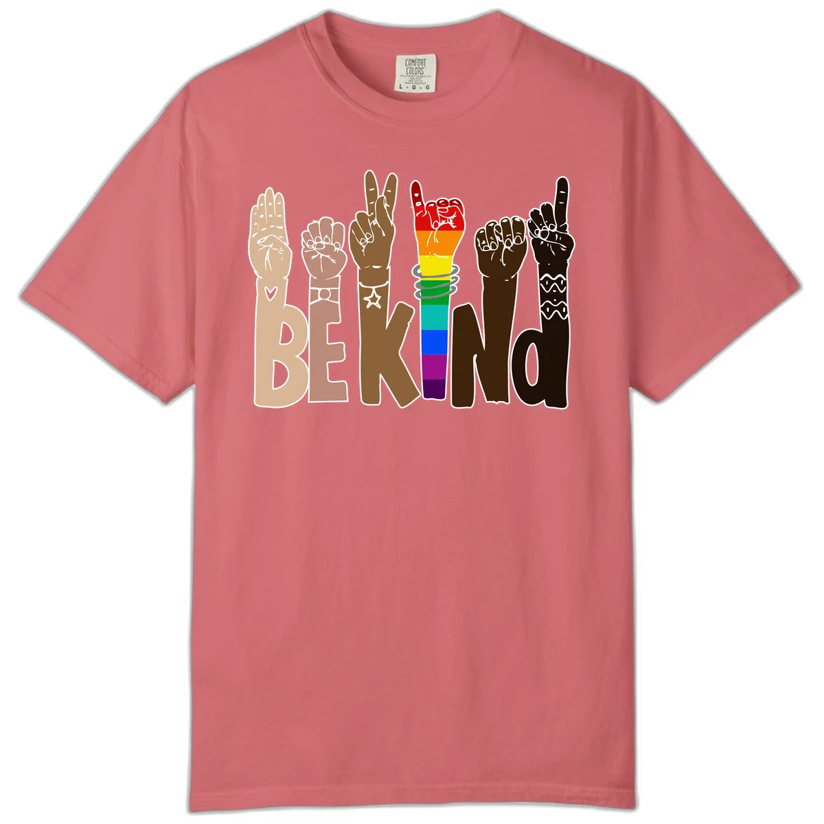 Six illustrated hands in diverse skin tones displaying peace signs and fists, with center fist in rainbow pride colors and 'BE KIND' text below in Watermelon