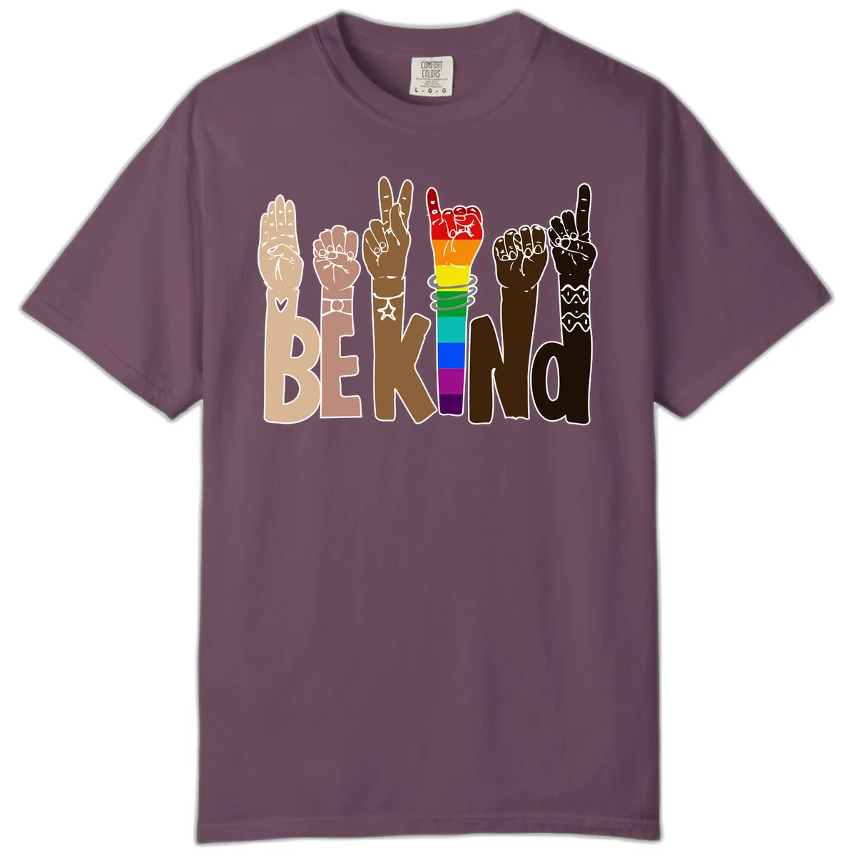 Six illustrated hands in diverse skin tones displaying peace signs and fists, with center fist in rainbow pride colors and 'BE KIND' text below in Berry