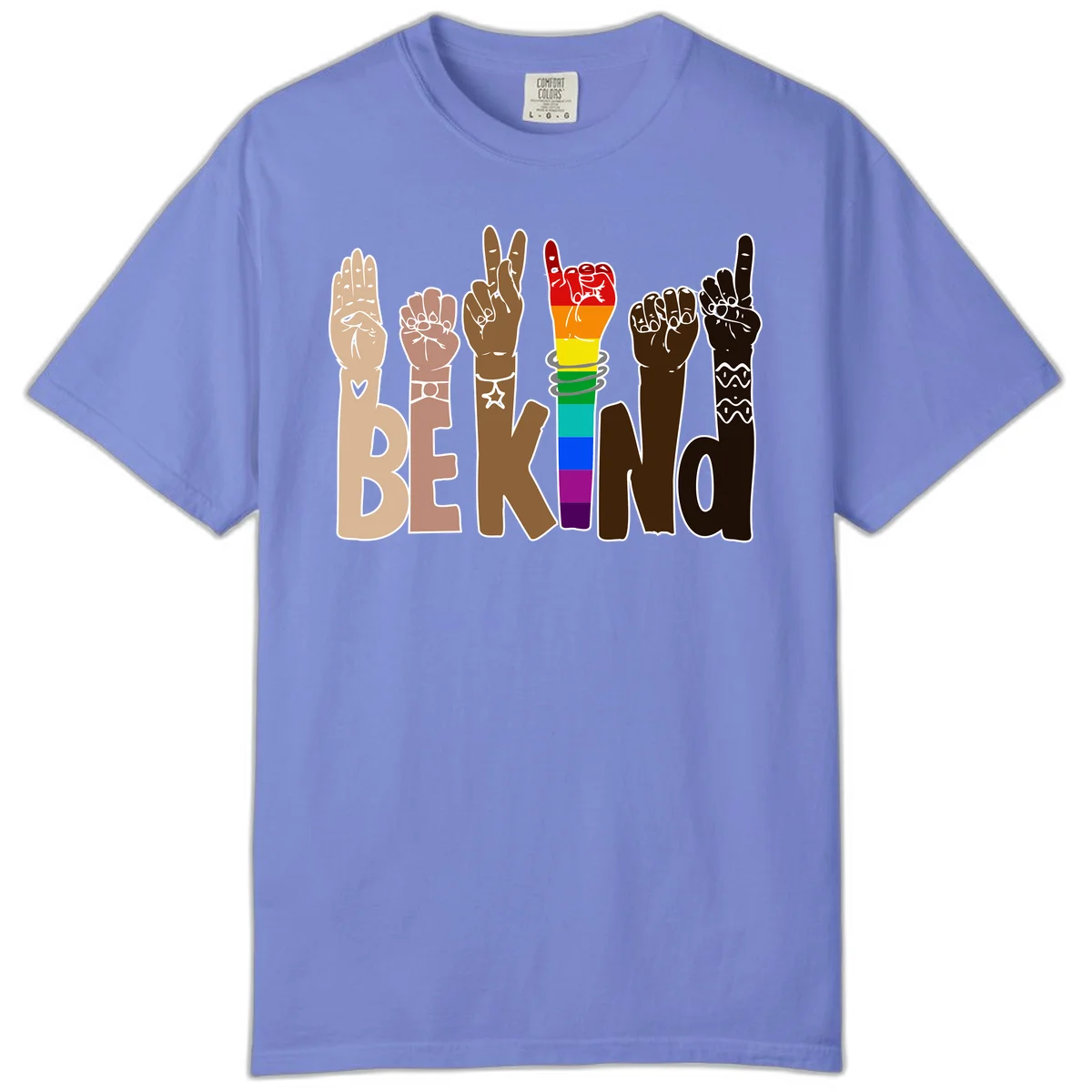 Six illustrated hands in diverse skin tones displaying peace signs and fists, with center fist in rainbow pride colors and 'BE KIND' text below in Flo Blue