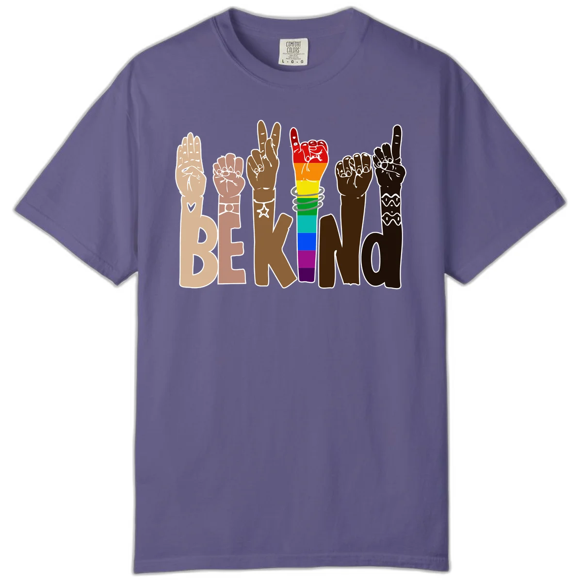 Six illustrated hands in diverse skin tones displaying peace signs and fists, with center fist in rainbow pride colors and 'BE KIND' text below in Grape