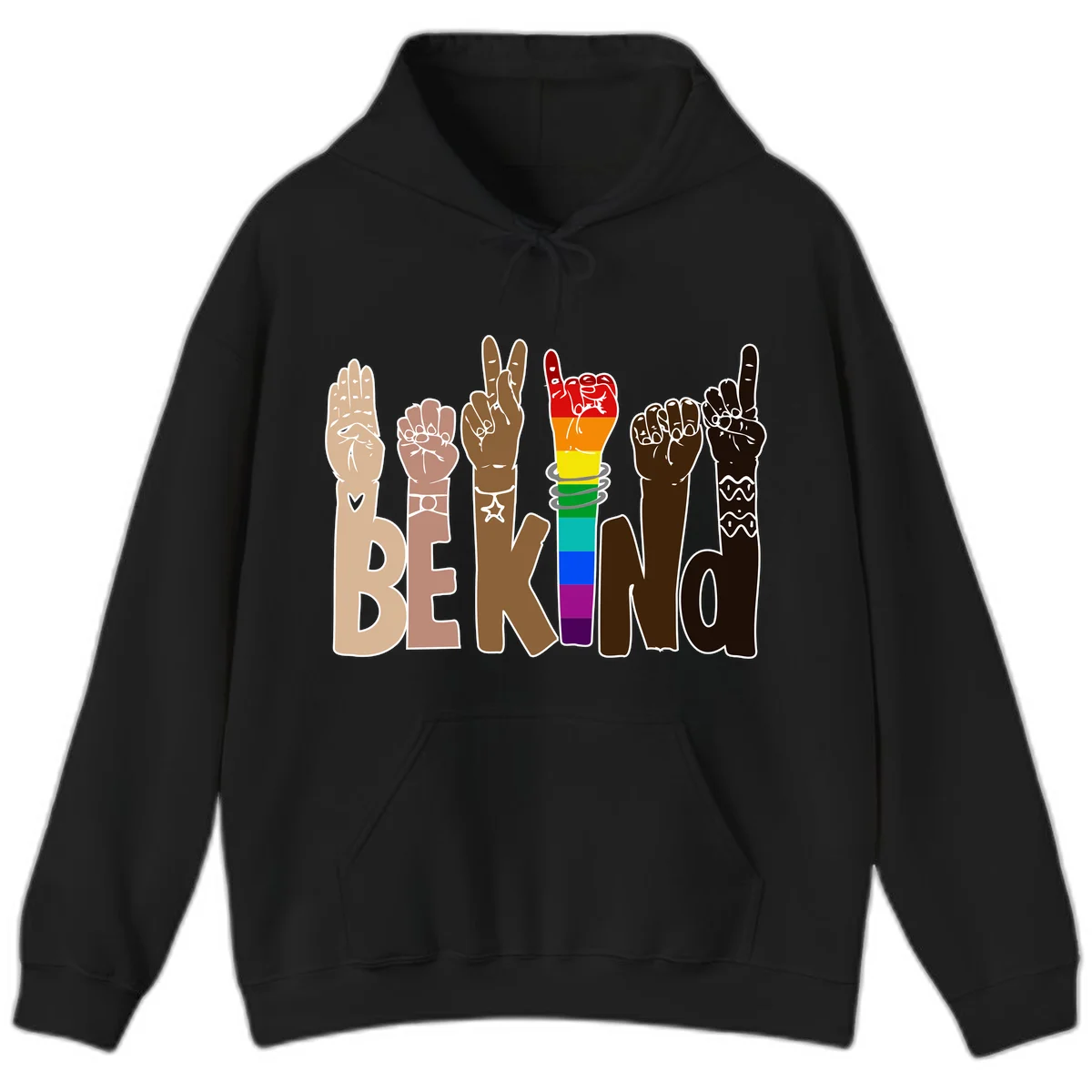 Six illustrated hands in diverse skin tones displaying peace signs and fists, with center fist in rainbow pride colors and 'BE KIND' text below in Black