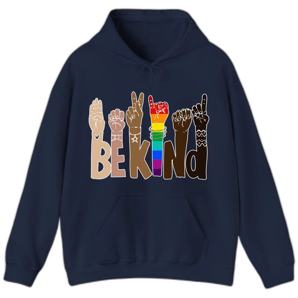 Six illustrated hands in diverse skin tones displaying peace signs and fists, with center fist in rainbow pride colors and 'BE KIND' text below in Navy