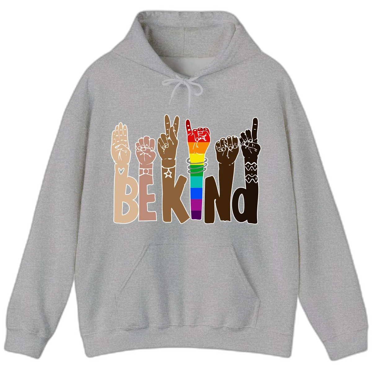 Six illustrated hands in diverse skin tones displaying peace signs and fists, with center fist in rainbow pride colors and 'BE KIND' text below in Sport Grey