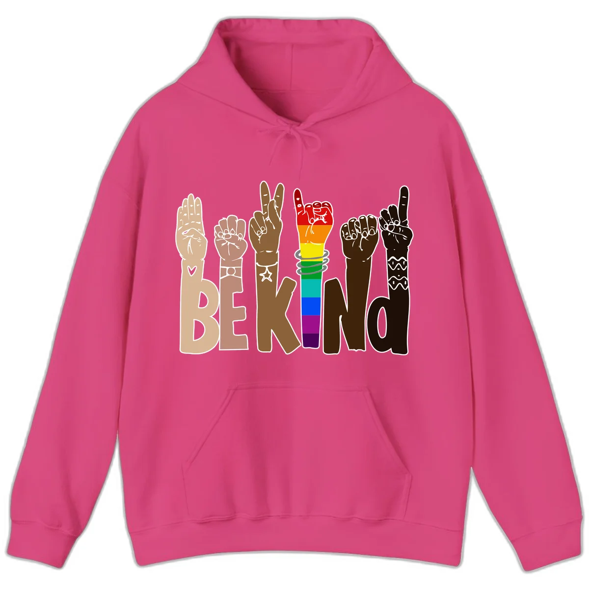 Six illustrated hands in diverse skin tones displaying peace signs and fists, with center fist in rainbow pride colors and 'BE KIND' text below in Heliconia