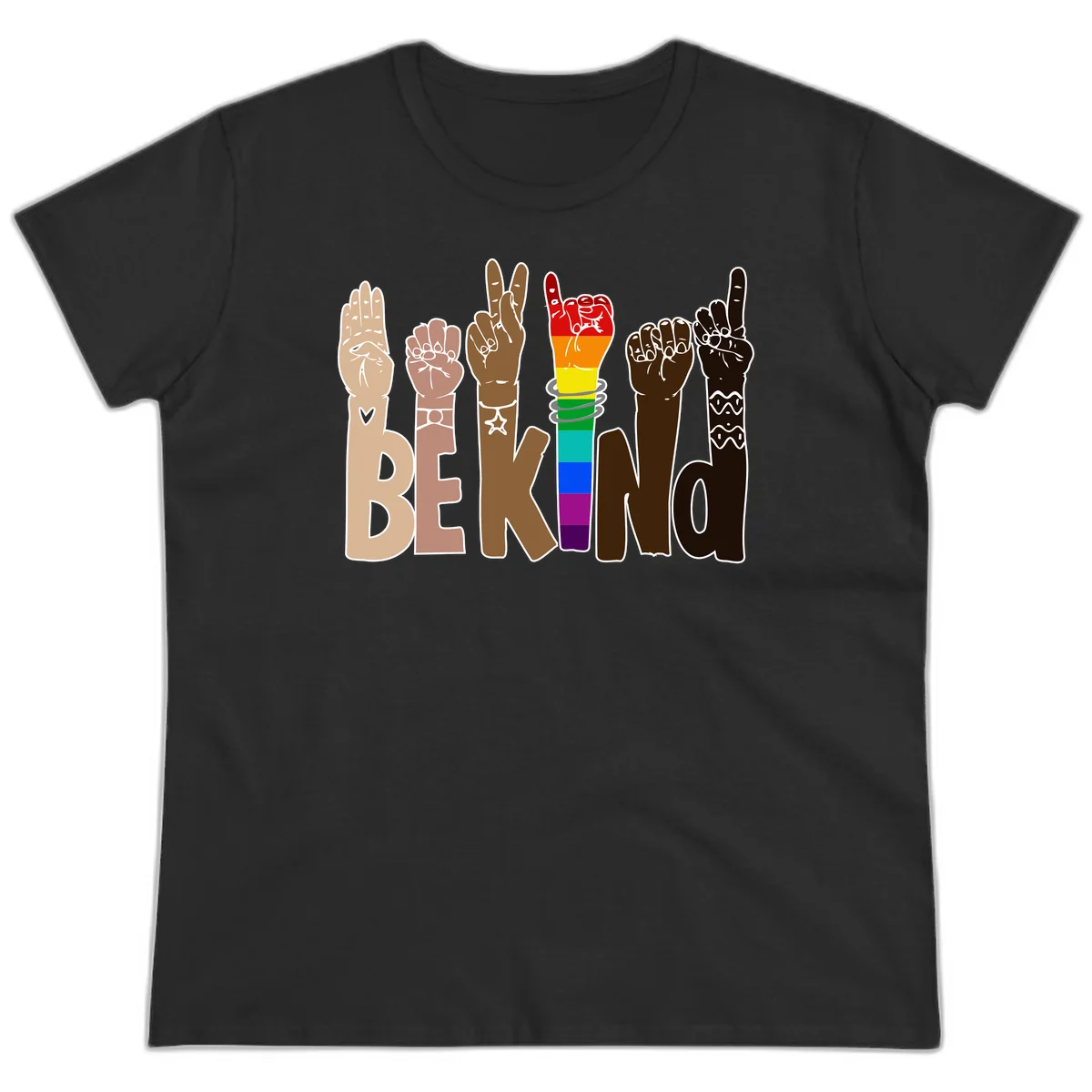 Six illustrated hands in diverse skin tones displaying peace signs and fists, with center fist in rainbow pride colors and 'BE KIND' text below in Black