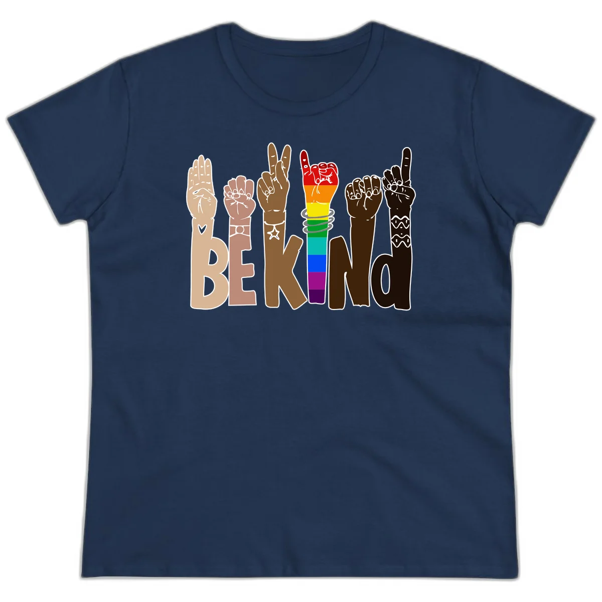 Six illustrated hands in diverse skin tones displaying peace signs and fists, with center fist in rainbow pride colors and 'BE KIND' text below in Navy