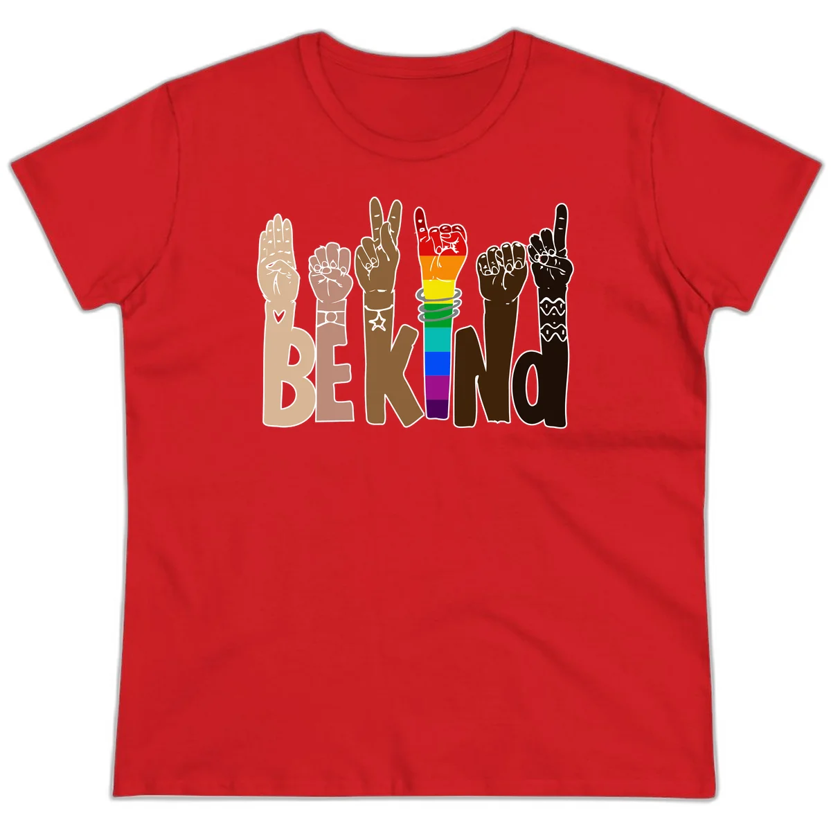 Six illustrated hands in diverse skin tones displaying peace signs and fists, with center fist in rainbow pride colors and 'BE KIND' text below in Red