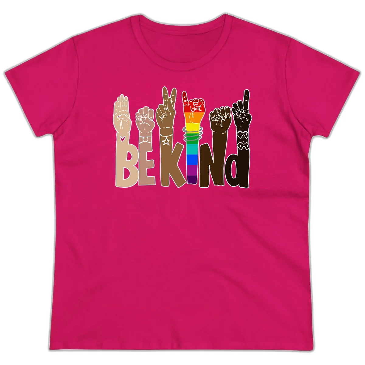 Six illustrated hands in diverse skin tones displaying peace signs and fists, with center fist in rainbow pride colors and 'BE KIND' text below in Heliconia