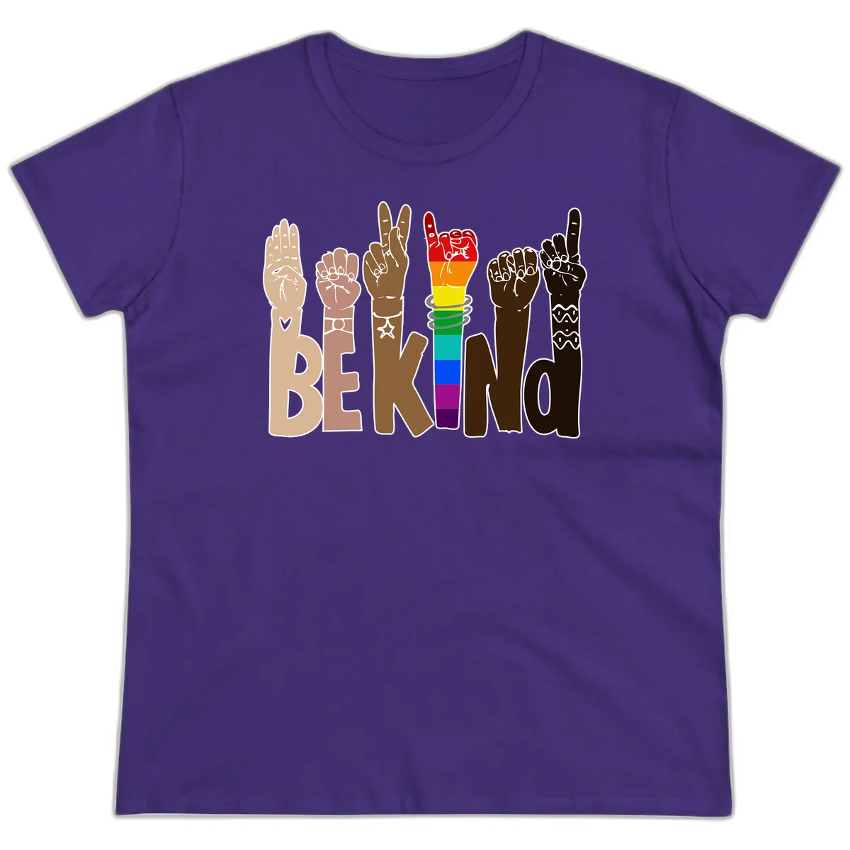 Six illustrated hands in diverse skin tones displaying peace signs and fists, with center fist in rainbow pride colors and 'BE KIND' text below in Purple