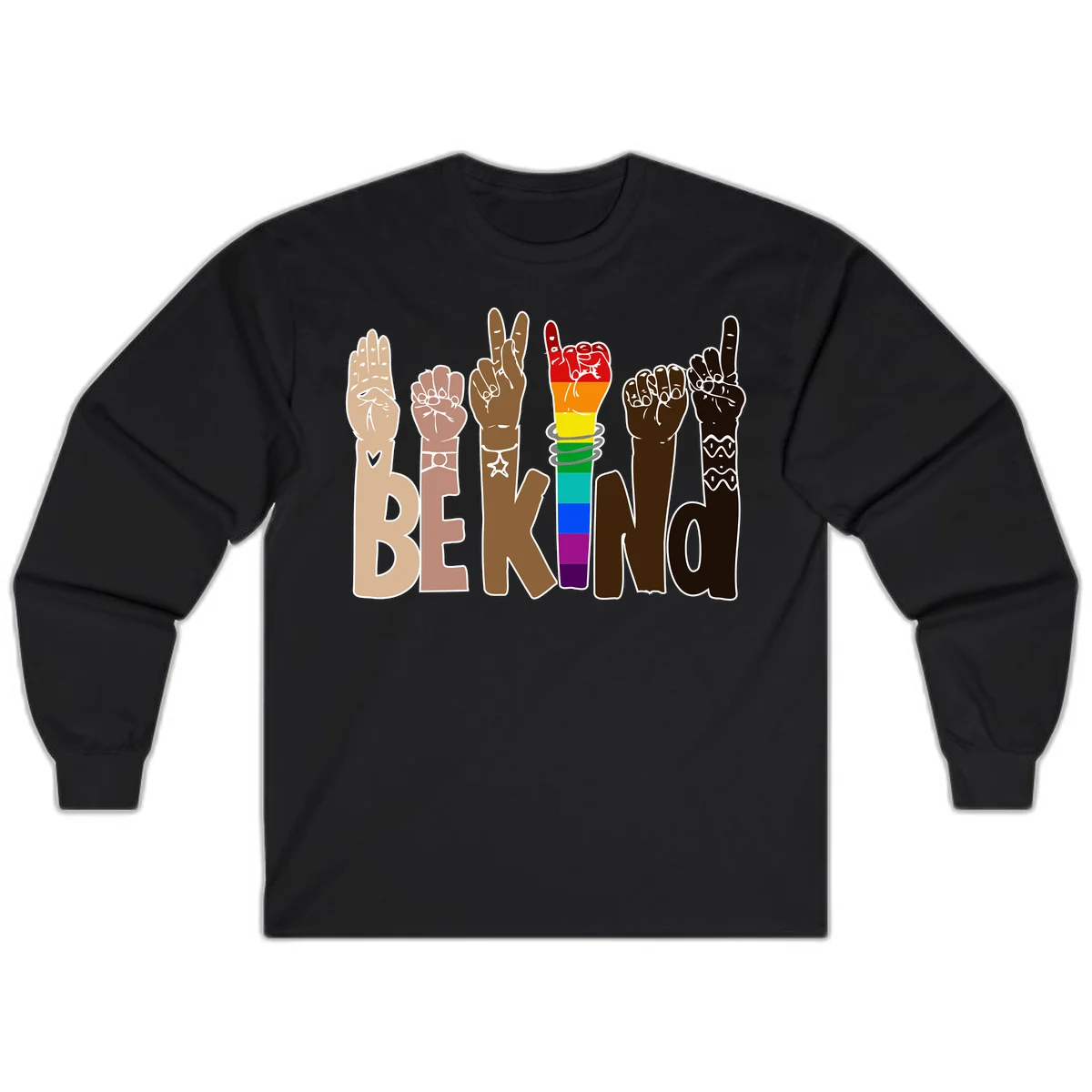 Six illustrated hands in diverse skin tones displaying peace signs and fists, with center fist in rainbow pride colors and 'BE KIND' text below in Black