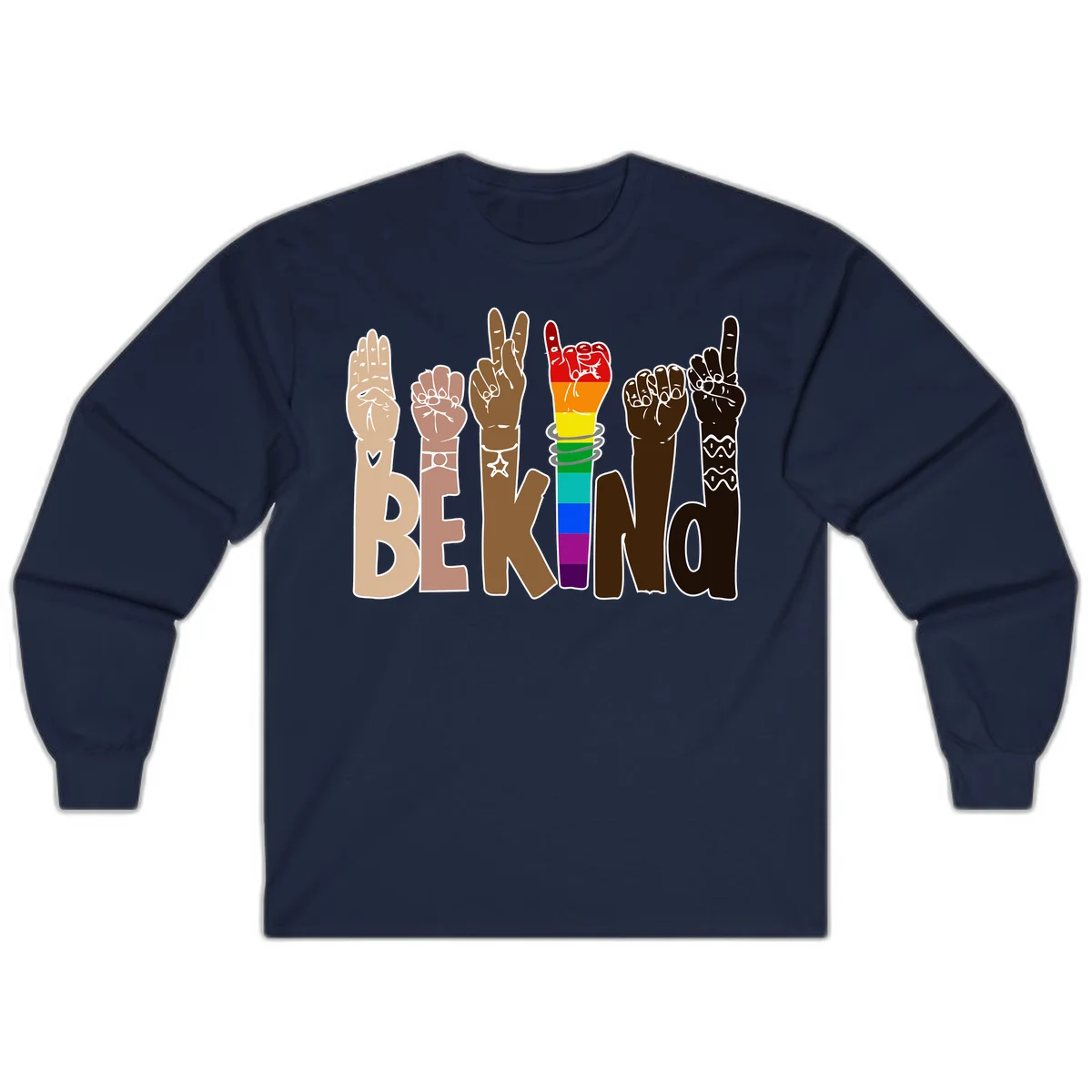 Six illustrated hands in diverse skin tones displaying peace signs and fists, with center fist in rainbow pride colors and 'BE KIND' text below in Navy