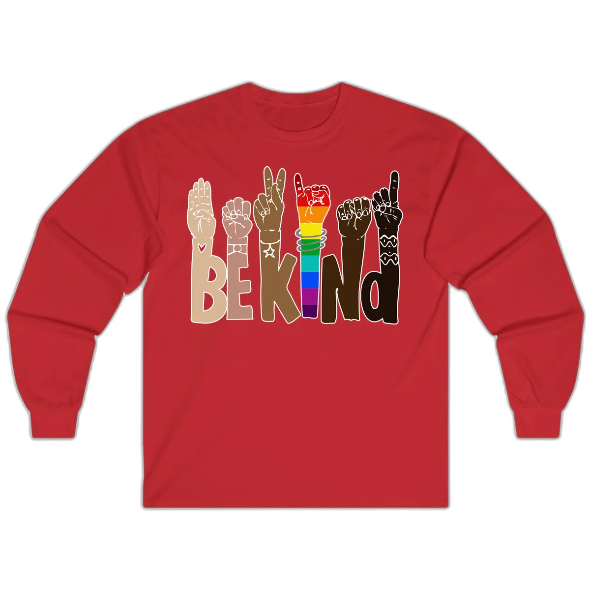 Six illustrated hands in diverse skin tones displaying peace signs and fists, with center fist in rainbow pride colors and 'BE KIND' text below in Red