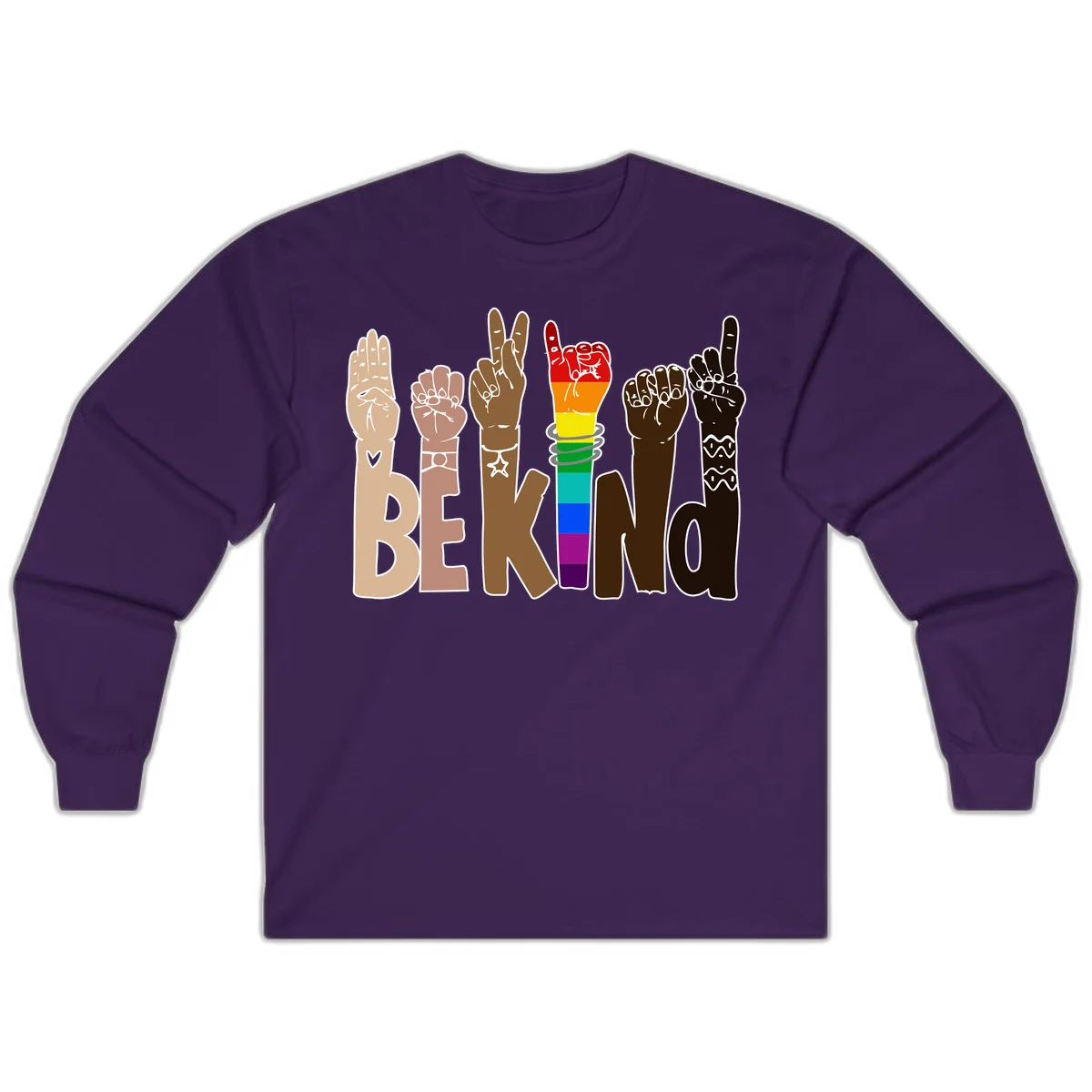 Six illustrated hands in diverse skin tones displaying peace signs and fists, with center fist in rainbow pride colors and 'BE KIND' text below in Purple