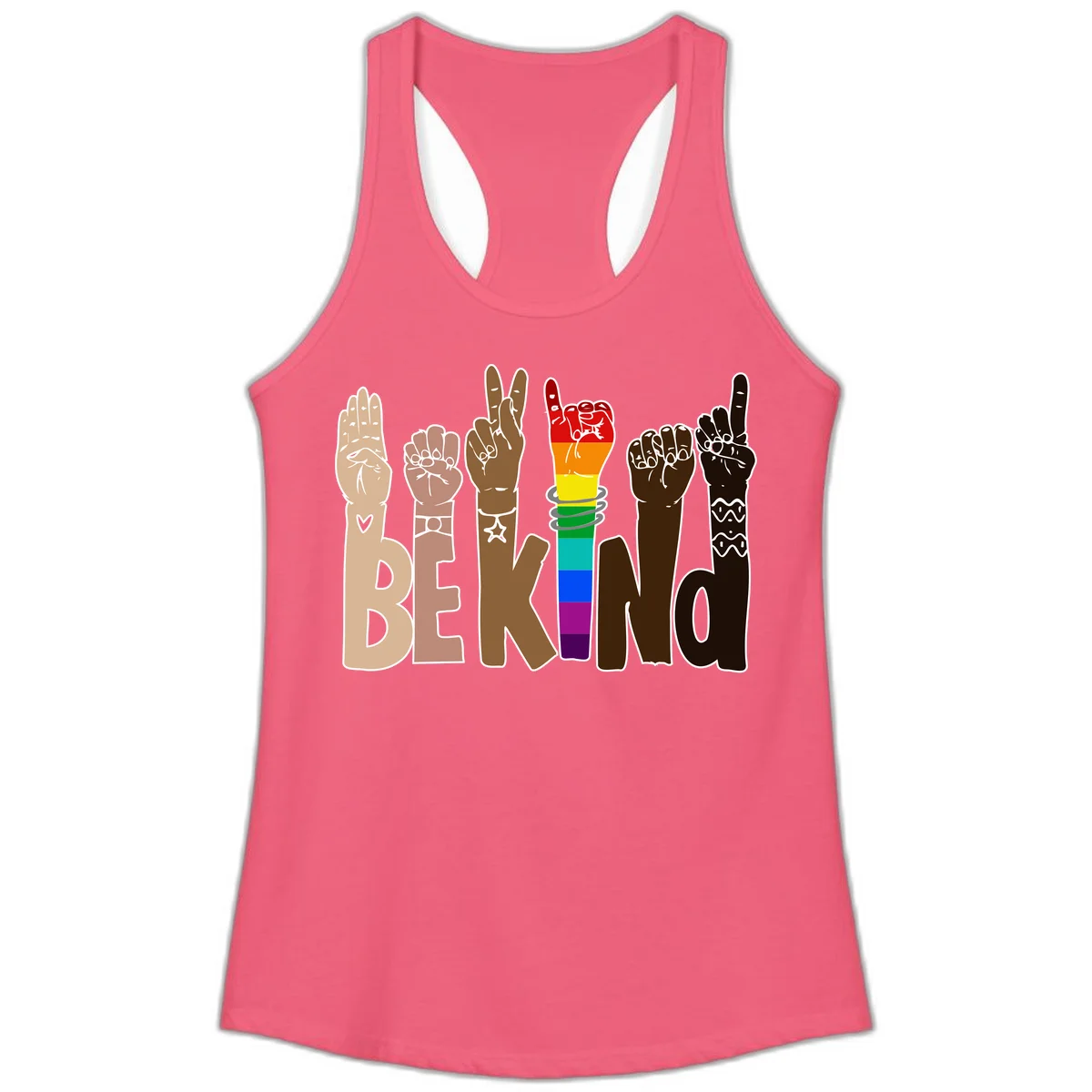 Six illustrated hands in diverse skin tones displaying peace signs and fists, with center fist in rainbow pride colors and 'BE KIND' text below in Hot Pink
